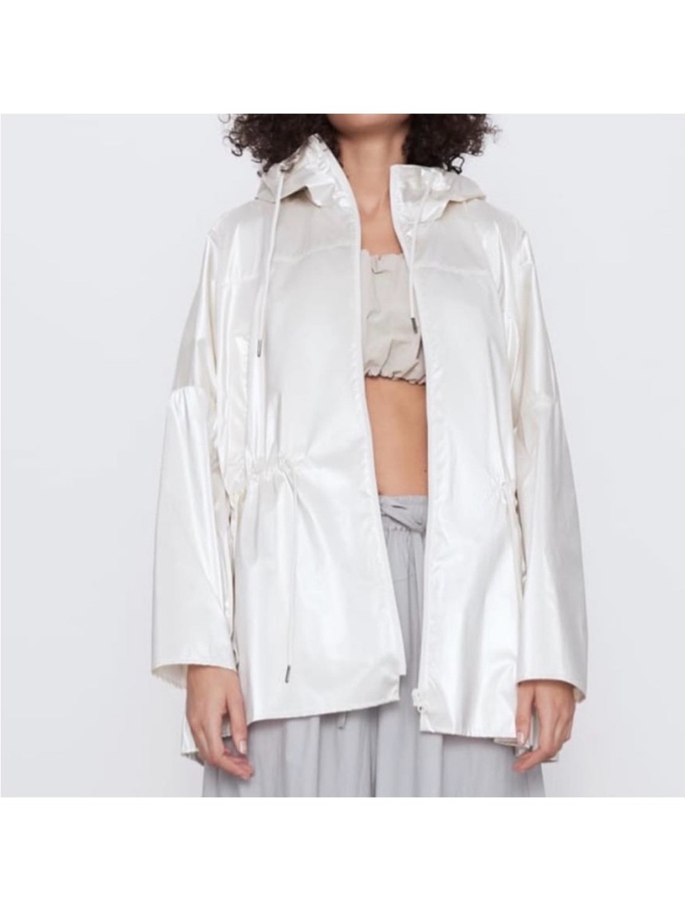 Zara Off-White Hooded Raincoat Oversized Hooded Shiny Pearl Windbreaker - Picture 3 of 5